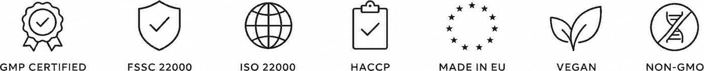 GMP certified, FSSC 22000, ISO 22000, HACCP, made in EU, vegan, non-GMO