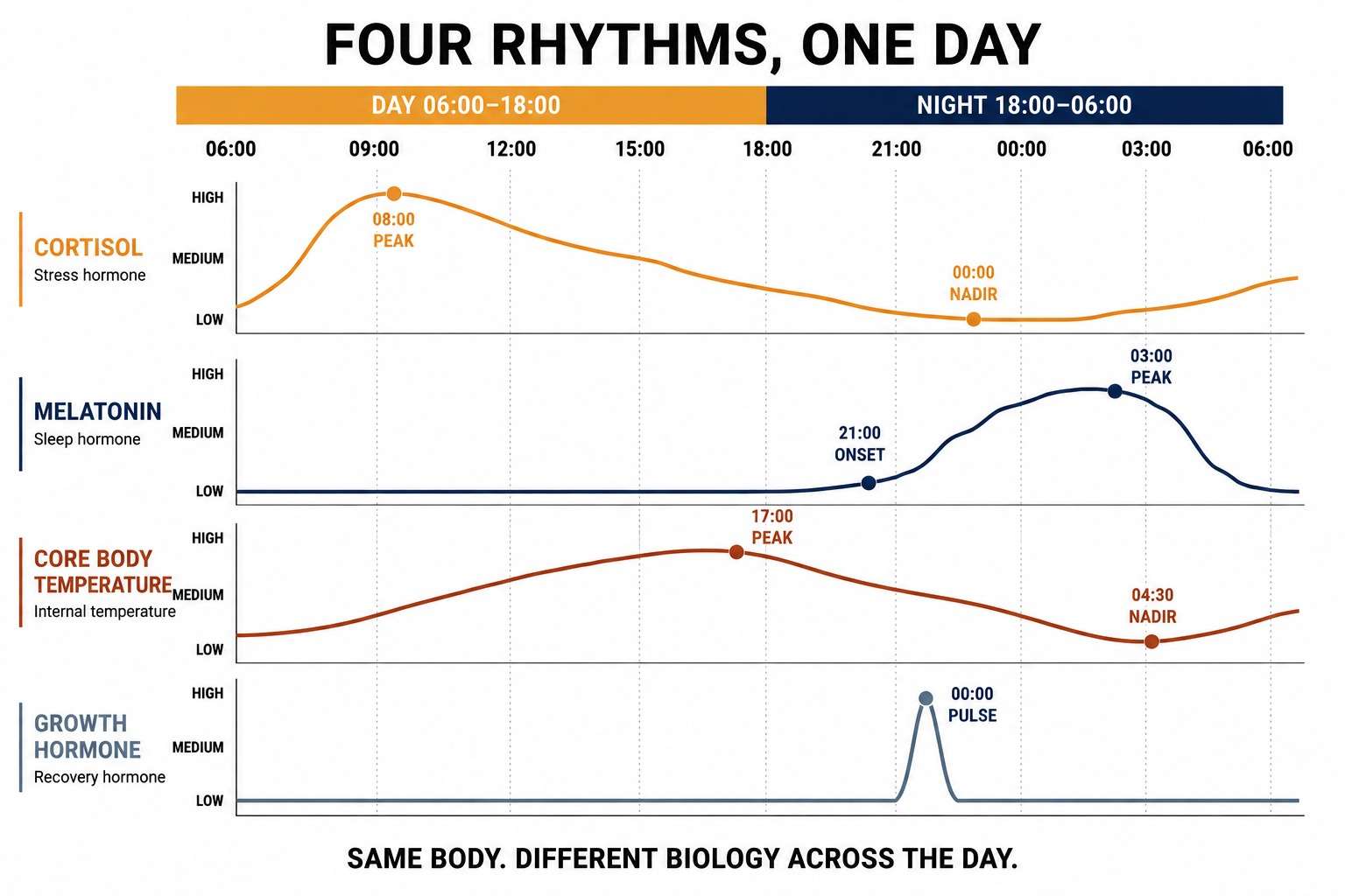 Four stacked 24-hour curves: cortisol peaking at 08:00 and reaching its nadir at midnight; melatonin rising from 21:00 to a 03:00 peak; core body temperature peaking at 17:00 and bottoming at 04:30; growth hormone flat all day with a single midnight pulse.