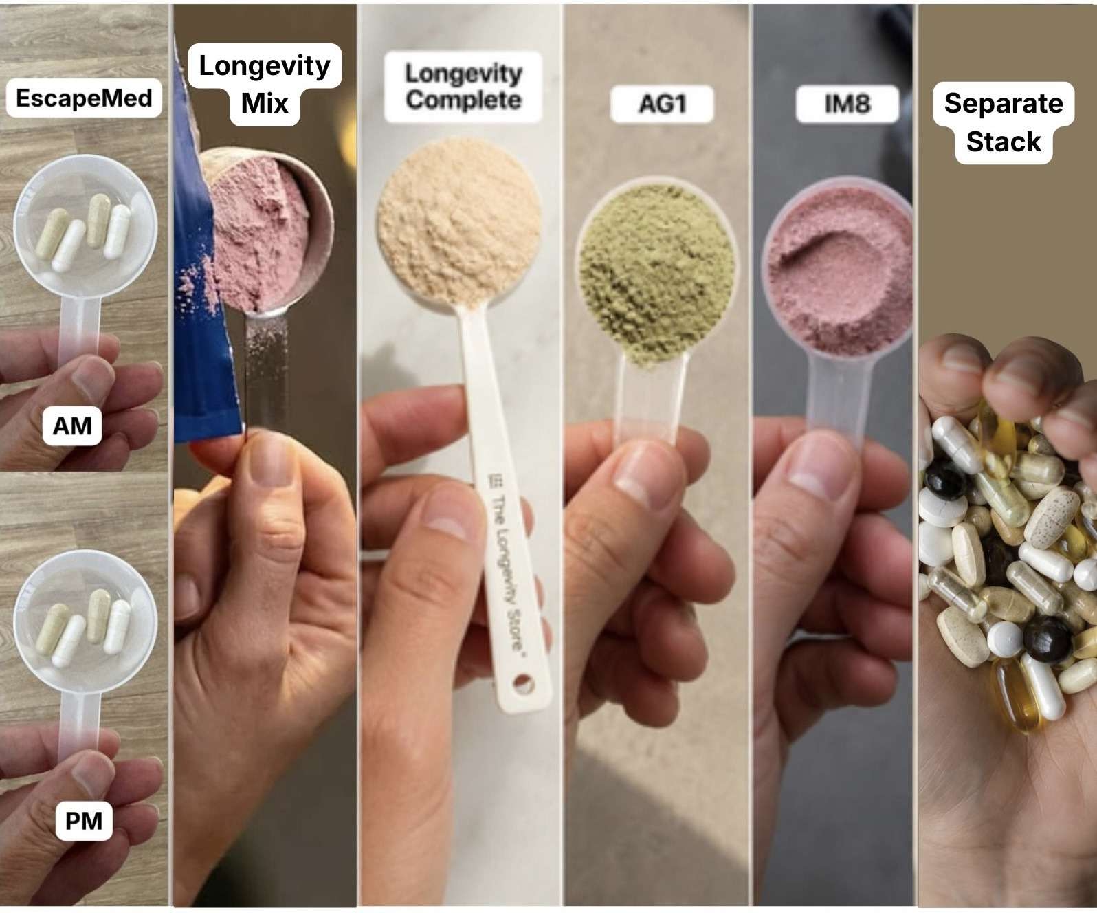 Six panels showing one day of each arrangement held in the same measuring scoop: EscapeMed capsules split into AM and PM, and single scoops of Blueprint Longevity Mix, Longevity Complete, AG1 and IM8, plus a handful of separate stack products.